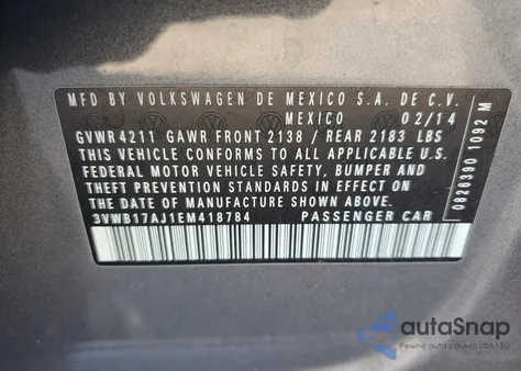 2014 Volkswagen Jetta Se z USA, uszkodzony, nr VIN 3VWB17AJ1EM418784